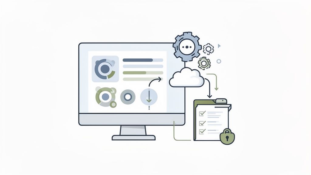 Illustration d'un flux de travail numérique: données affichées sur écran, traitées via le cloud et des engrenages, puis stockées en sécurité.