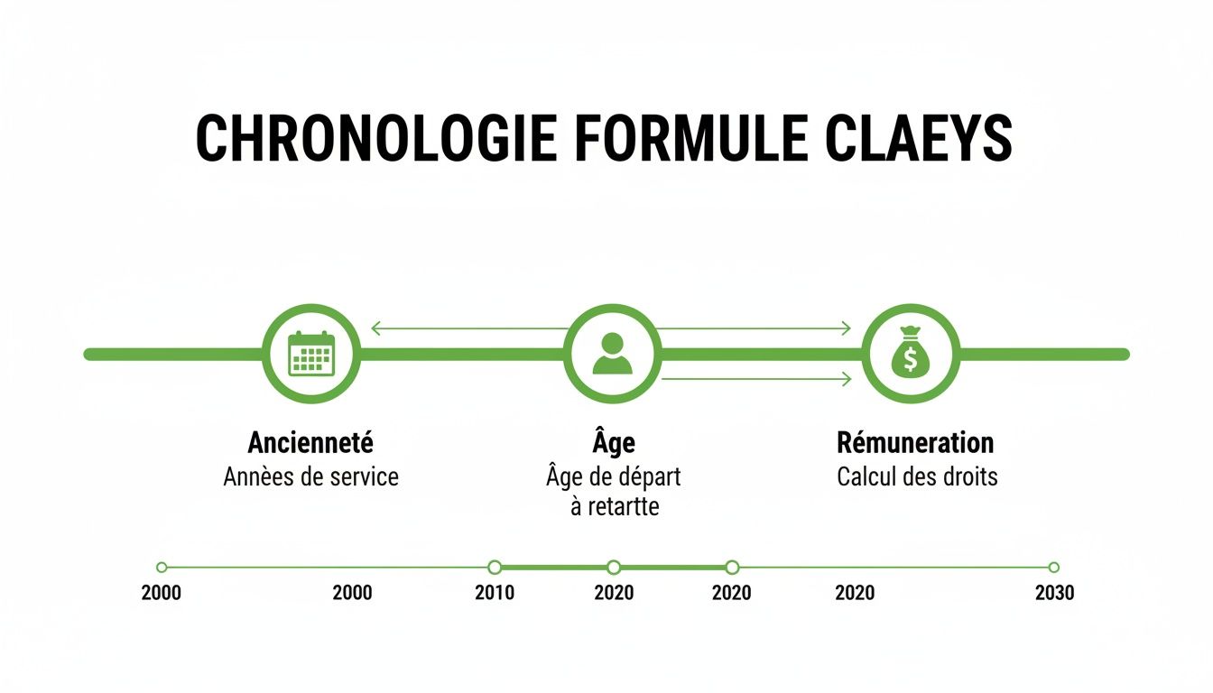 Infographie chronologique de la formule Claeys, détaillant les facteurs d'ancienneté, d'âge et de rémunération pour le calcul des droits.