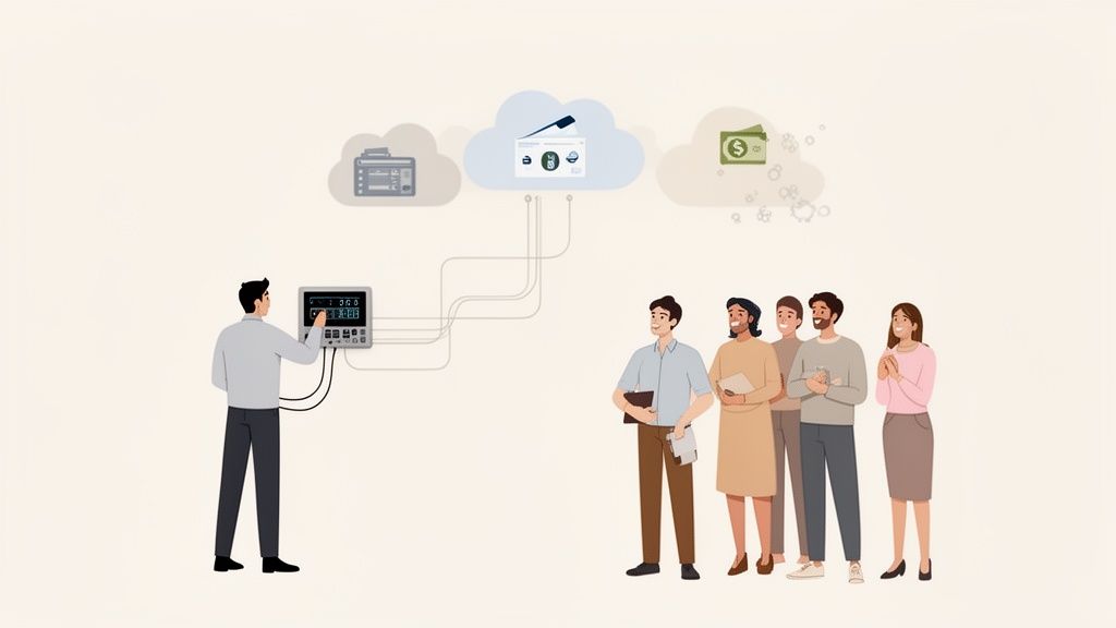 Un homme utilise une pointeuse connectée au cloud, avec des services d'impression et de paiement, observé par une équipe.