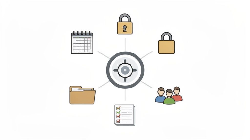 Icônes représentant la sécurité, la planification, les fichiers, les tâches et les utilisateurs, connectés à un centre, symbolisant une gestion centralisée.