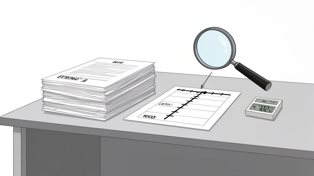 Une loupe pointe un graphique à côté d'une pile de documents datés 2022 et une balance numérique.
