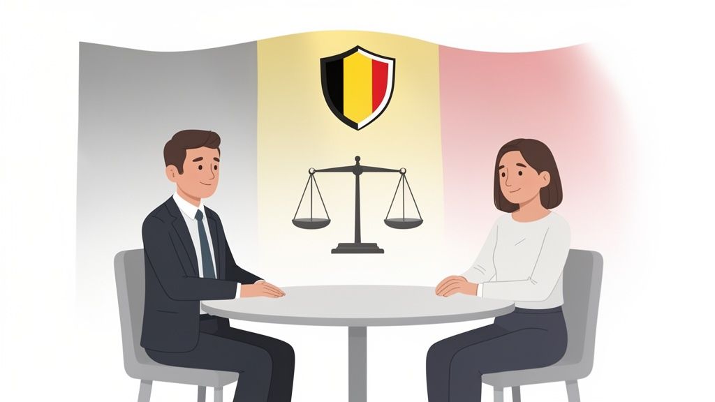 Un homme et une femme discutent à une table devant un drapeau belge et une balance de justice.