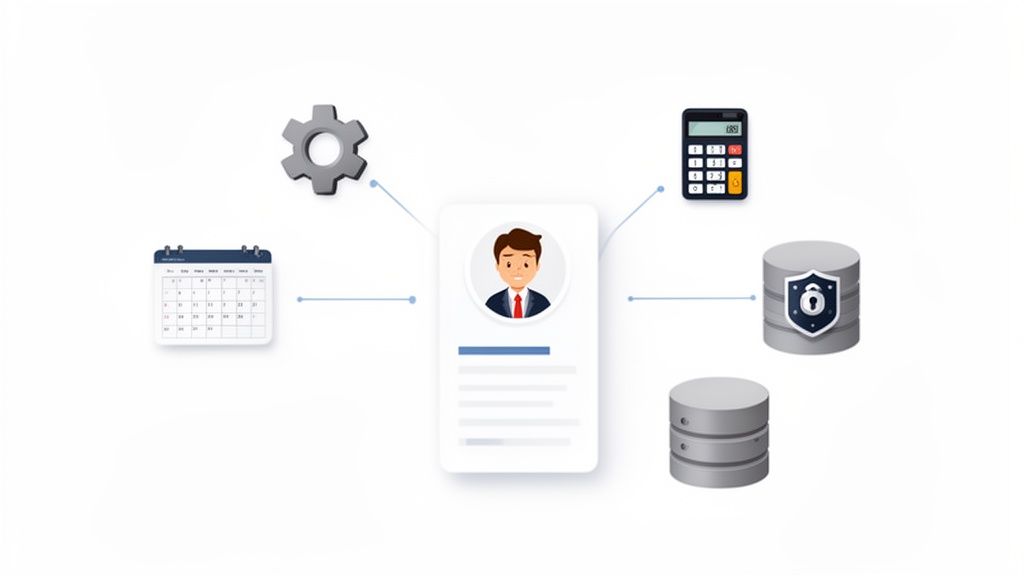 Gestion des données personnelles : profil, calendrier, calculatrice et stockage sécurisé.