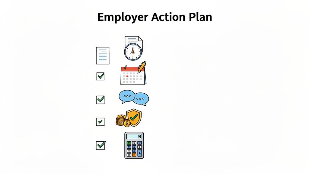 Une liste de contrôle illustrée pour un plan d'action de l'employeur, incluant documents, temps, calendrier, communication, finances et calculs.