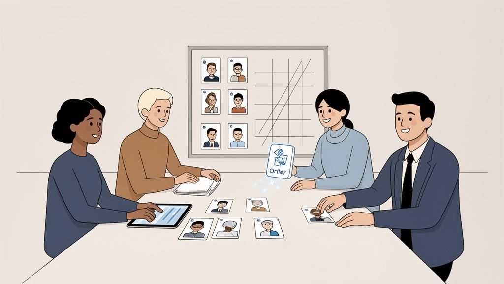 Quatre personnes autour d'une table, participant à une activité de recrutement avec des cartes de profil et un tableau.