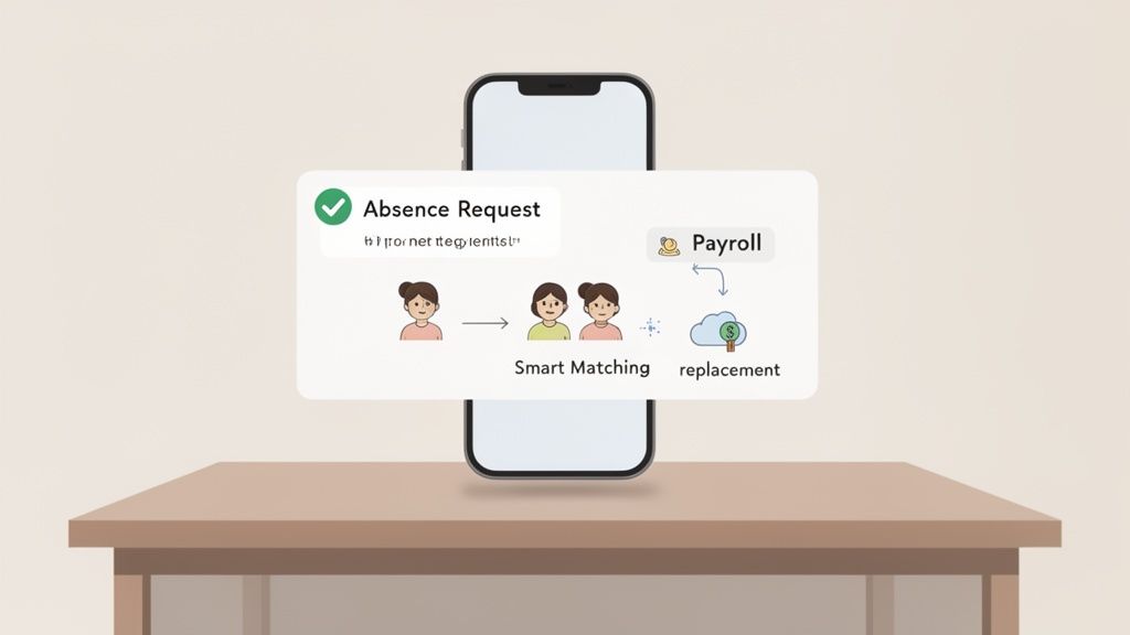 Image d'un smartphone affichant une demande d'absence, le processus de remplacement intelligent et le lien avec la paie.