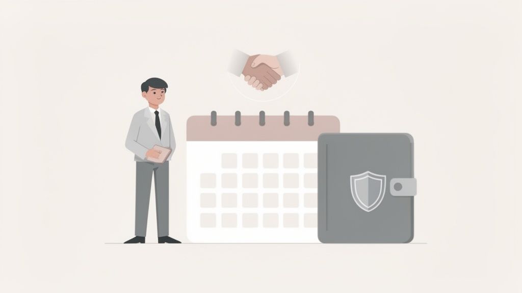 Un homme en costume, un calendrier, une poignée de main et un portefeuille avec bouclier, symbolisant un accord et la sécurité.