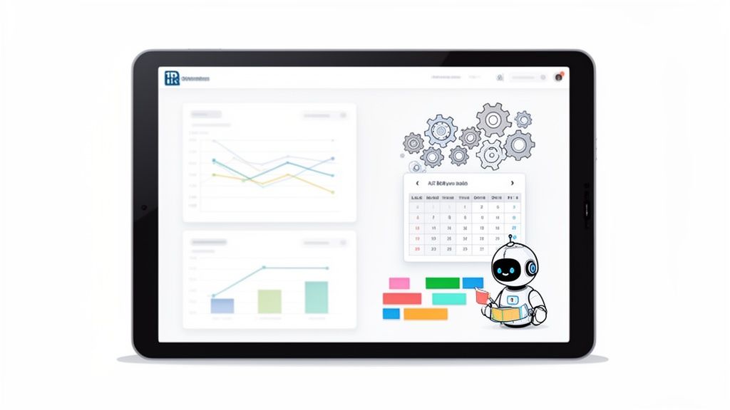 Tablette affichant un tableau de bord d'entreprise avec graphiques de données, un calendrier et un robot assistant.