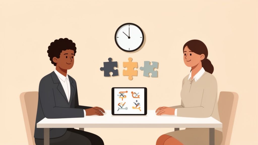 Deux personnes face à face à une table, avec une tablette, des puzzles et une horloge, suggérant un entretien ou un test.