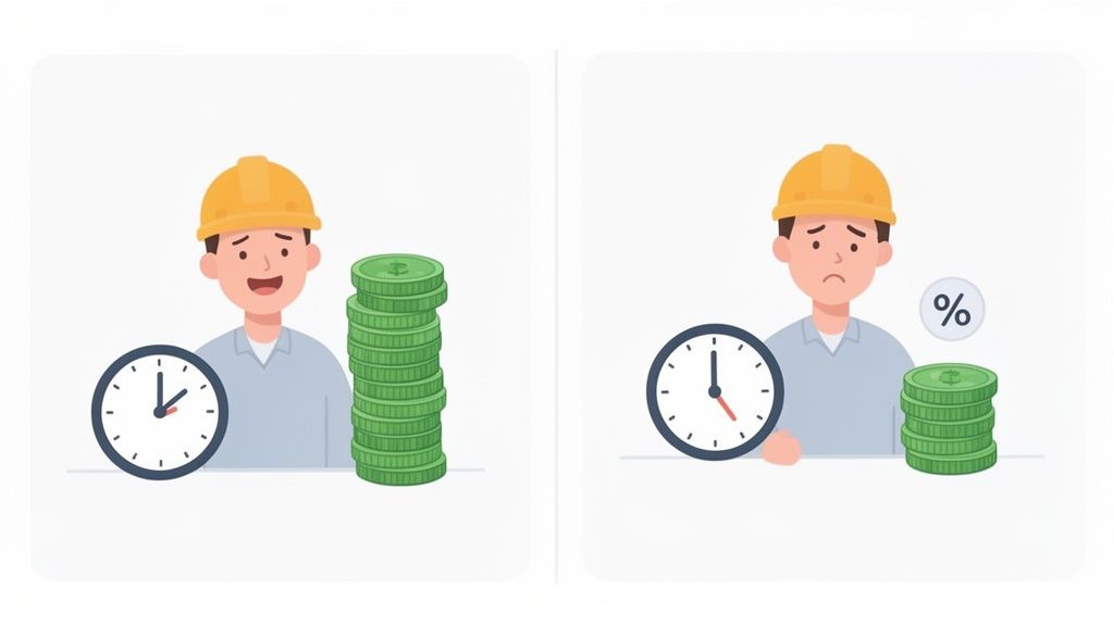 Un ouvrier heureux gagne beaucoup d'argent, contrastant avec un ouvrier triste perdant de l'argent dû aux taxes.