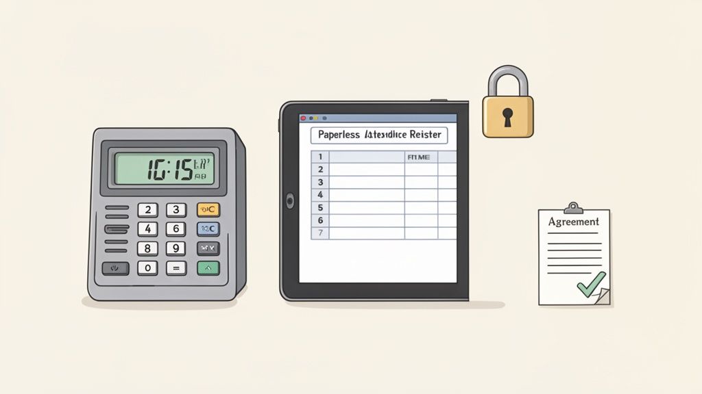 Des outils numériques : calculatrice, tablette avec registre sans papier, cadenas et accord sécurisé.