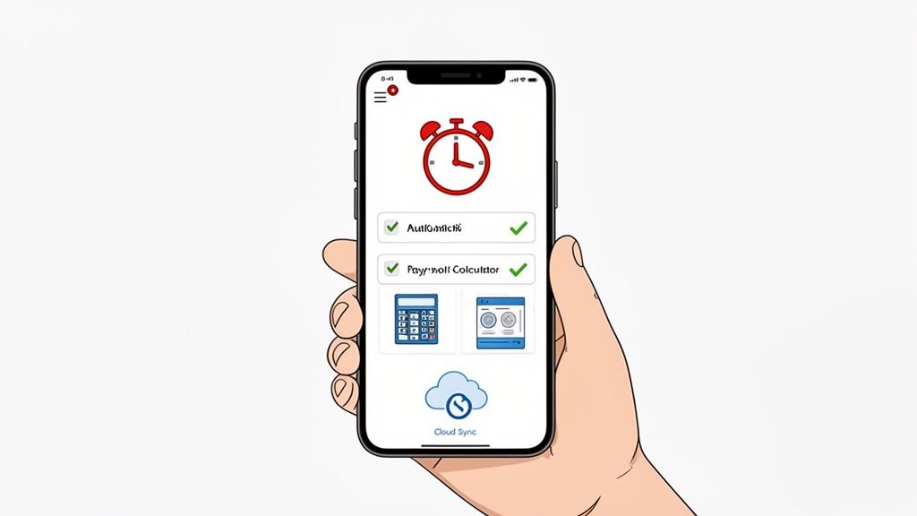 Main tenant un smartphone affichant une application de gestion du temps et de la paie avec synchronisation cloud.