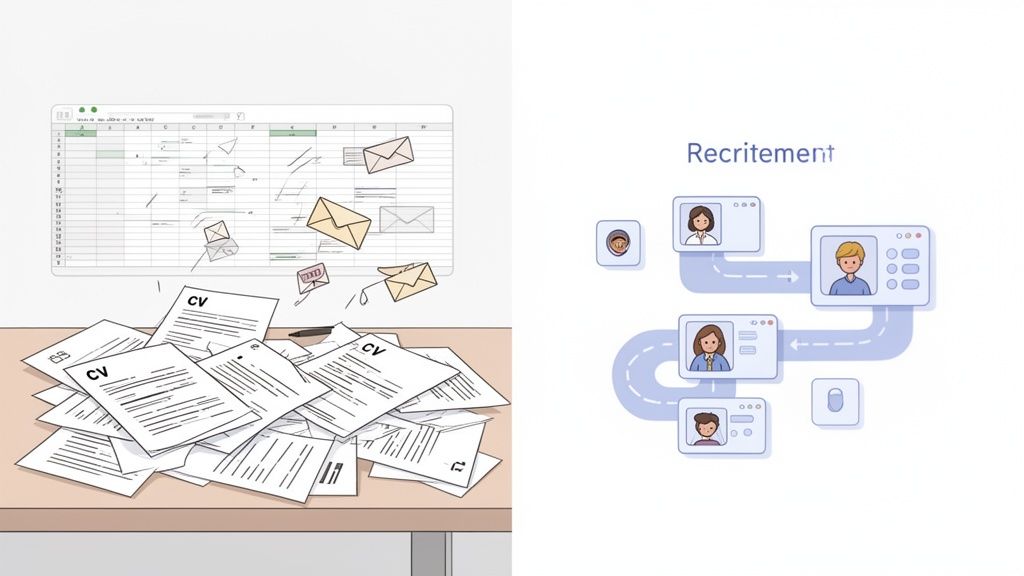 Contraste entre un recrutement traditionnel désordonné (CVs papier) et un processus de recrutement numérique organisé.