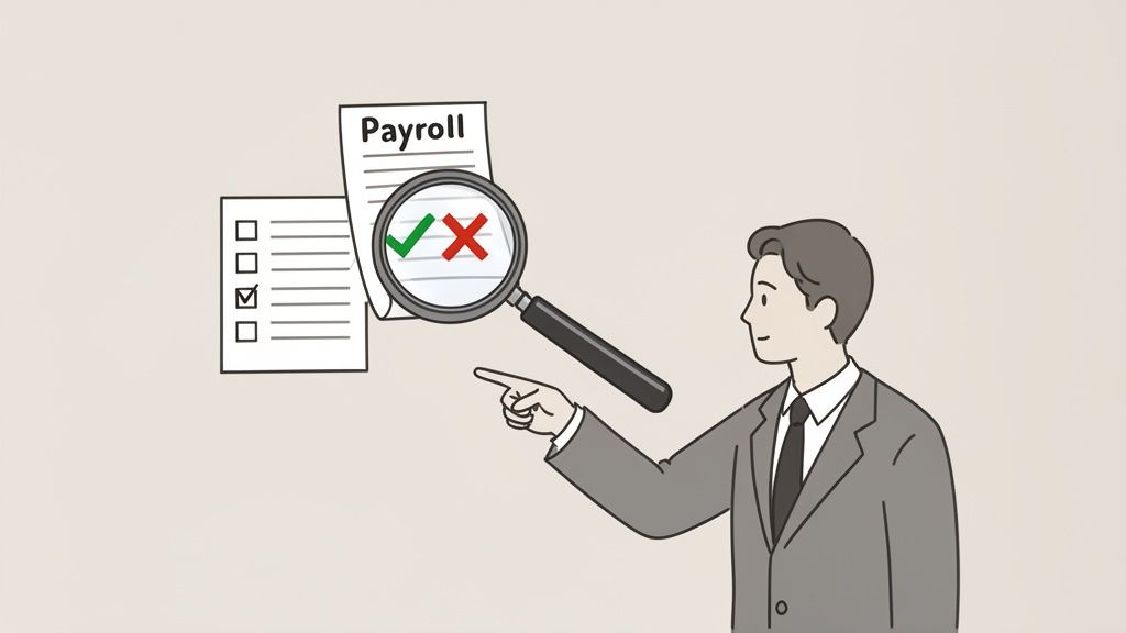 Un homme d'affaires examine des documents de paie et une liste de contrôle avec une loupe, indiquant une vérification.