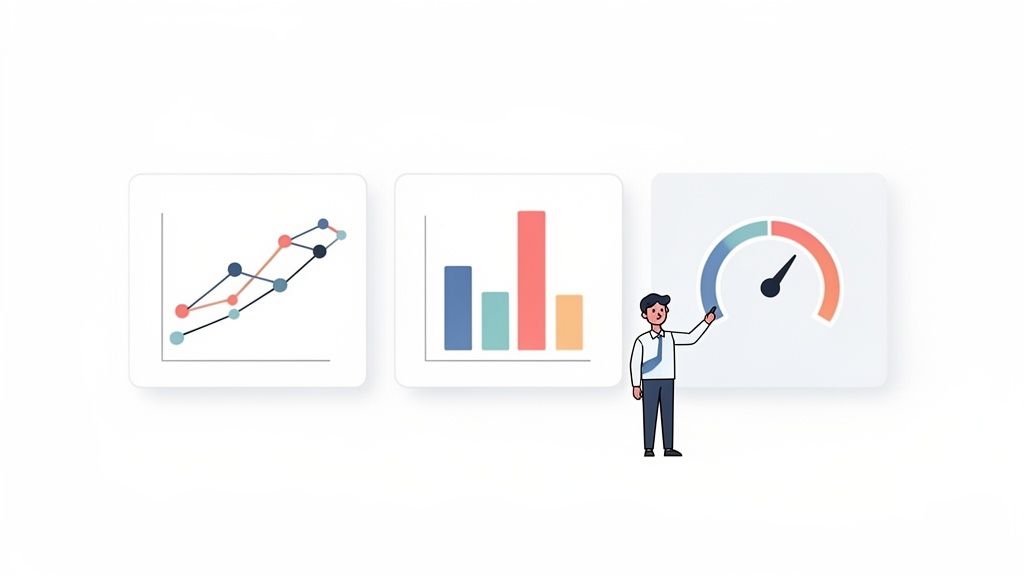 Homme présentant des graphiques : un linéaire, un à barres et un indicateur de performance.