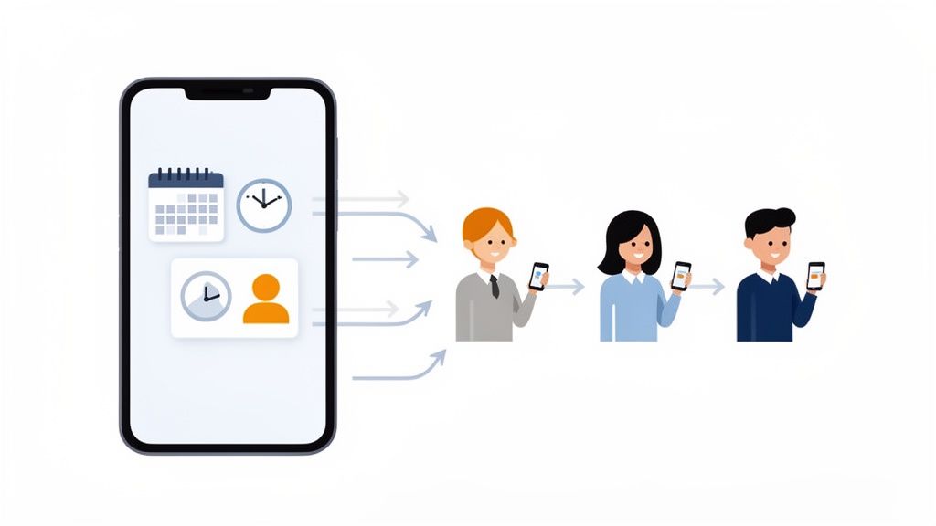 Un smartphone avec des icônes de calendrier et d'horloge envoyant des informations à trois personnes.