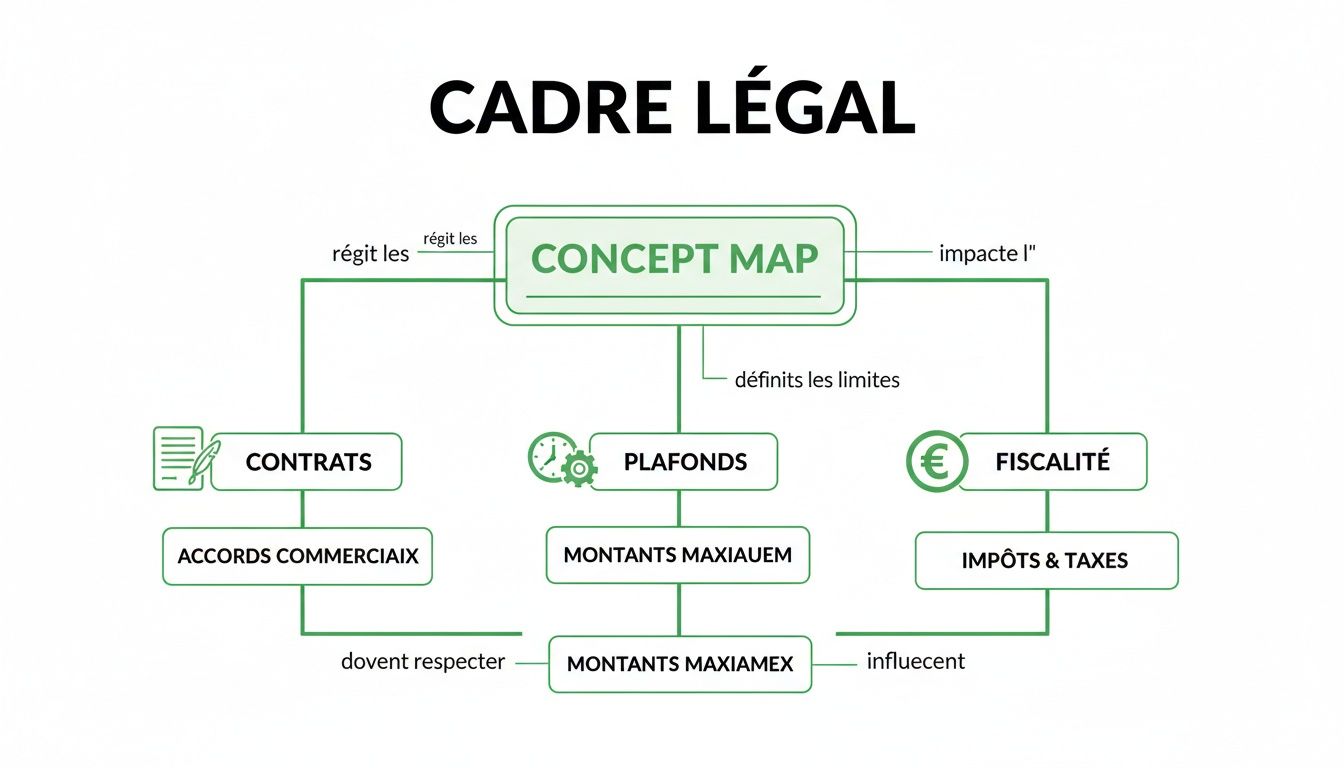 Carte conceptuelle détaillant le cadre légal, régissant les contrats, définissant les plafonds et impactant la fiscalité.