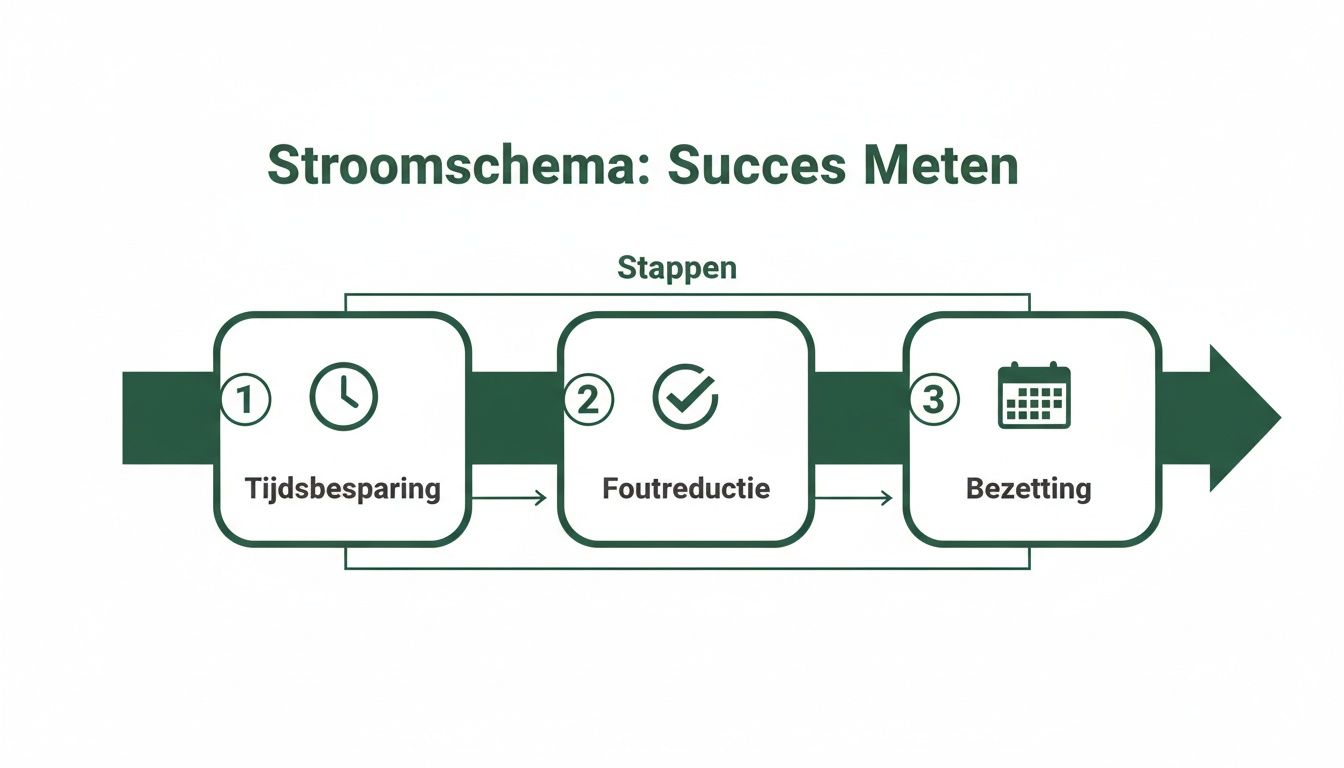 Een stroomschema toont drie stappen voor succesmeting: tijdsbesparing, foutreductie en bezetting.