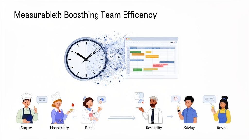 Een klok die uit elkaar valt en overgaat in een digitaal rooster, met diverse professionals die efficiëntie tonen.