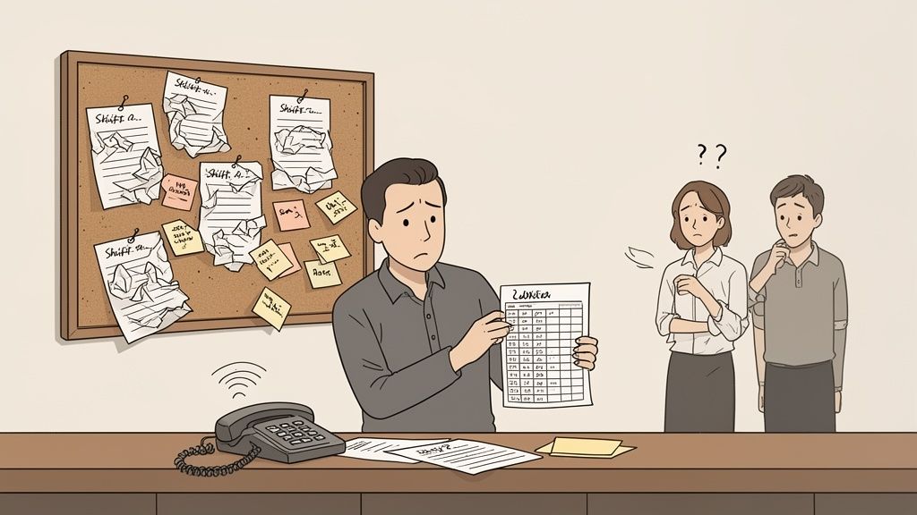 Overweldigde man toont overzicht aan bezorgde collega's te midden van chaotisch kantoor met bellende telefoon.