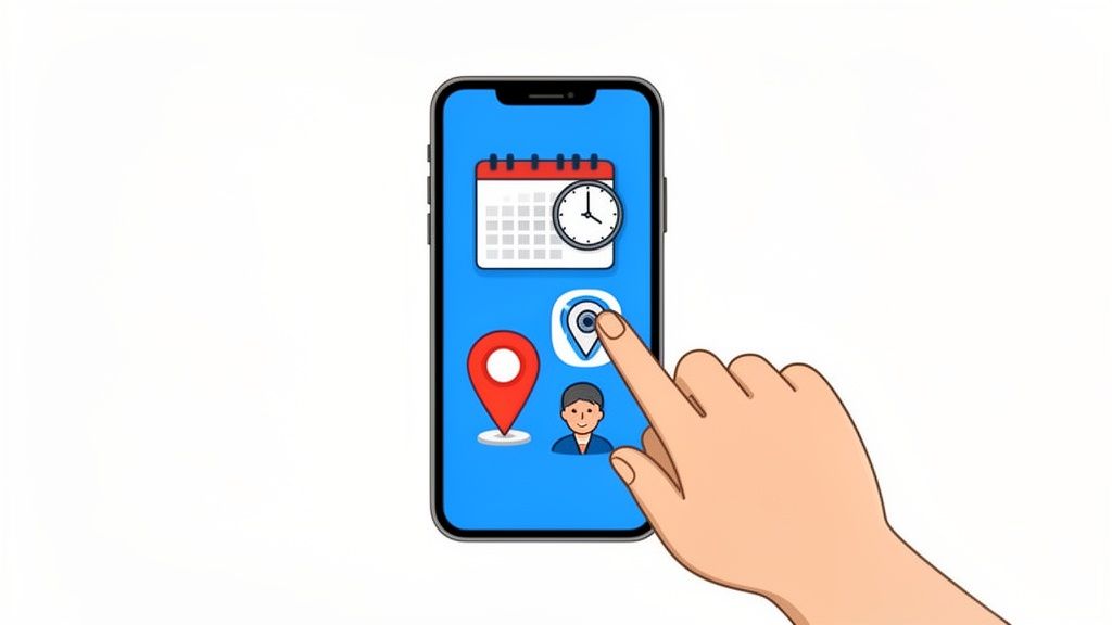 Een hand tikt op een smartphone die app-pictogrammen toont voor kalender, tijd, locatie en een persoon.