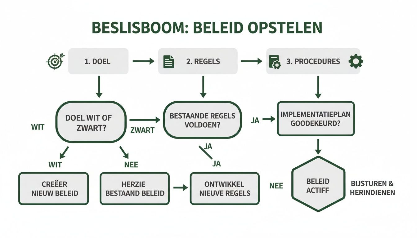 Stroomdiagram over beleidsontwikkeling, beginnend bij doel, regels en procedures, leidend tot nieuw beleid of aanpassing en activatie.