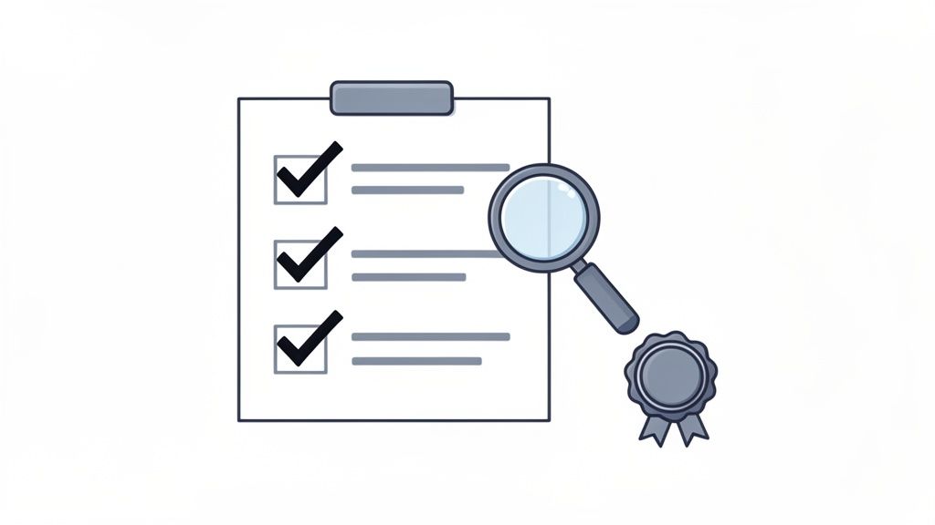 Afbeelding van een checklist met vinkjes, een vergrootglas en een kwaliteitszegel, wat controle en kwaliteit symboliseert.