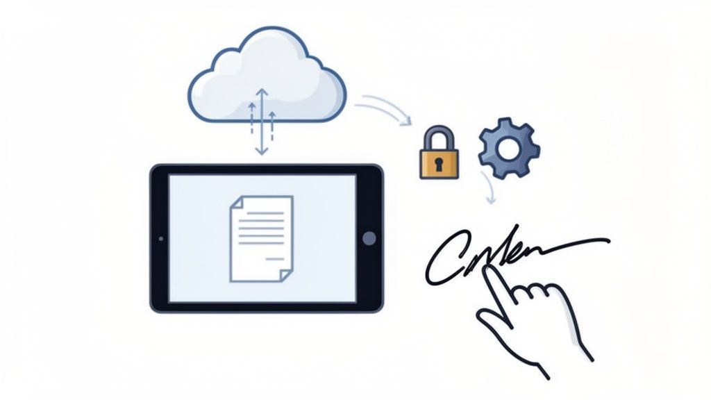 Een hand tekent digitaal een document op een tablet, met cloudopslag en beveiliging.