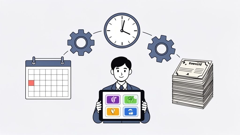 Een man beheert planning, tijd en documenten digitaal met een tablet en app-pictogrammen.