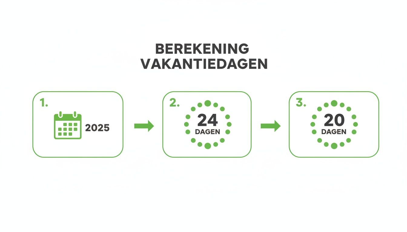Infographic toont de berekening van vakantiedagen: 2025, 24 dagen, gevolgd door 20 dagen.