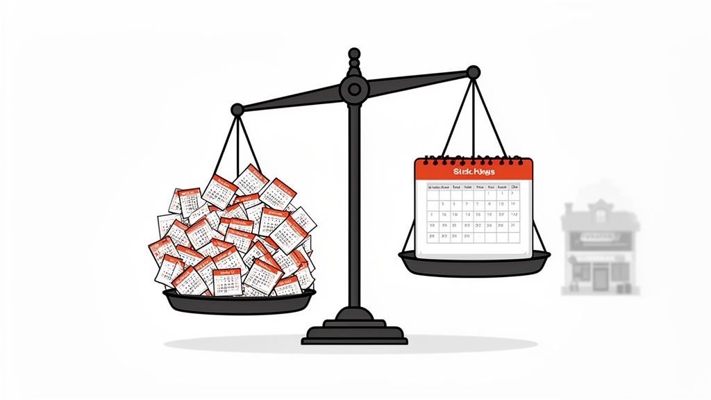 Een weegschaal met links een zware stapel kalenders en rechts een kalender met 'Ziektedagen'.