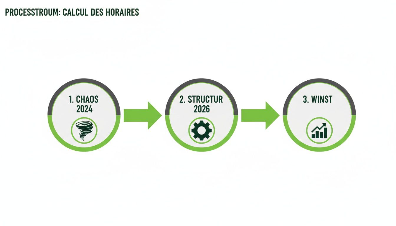 Een processtroomdiagram visualiseert de overgang van chaos in 2024 naar structuur in 2026 en uiteindelijk naar winst.