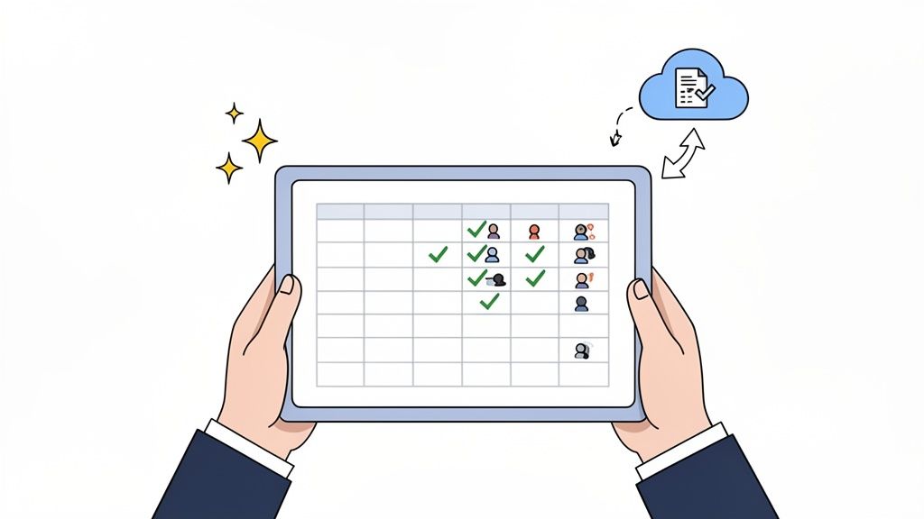 Een persoon houdt een tablet vast waarop een rooster met persoonsymbolen en vinkjes zichtbaar is, synchroon met de cloud.