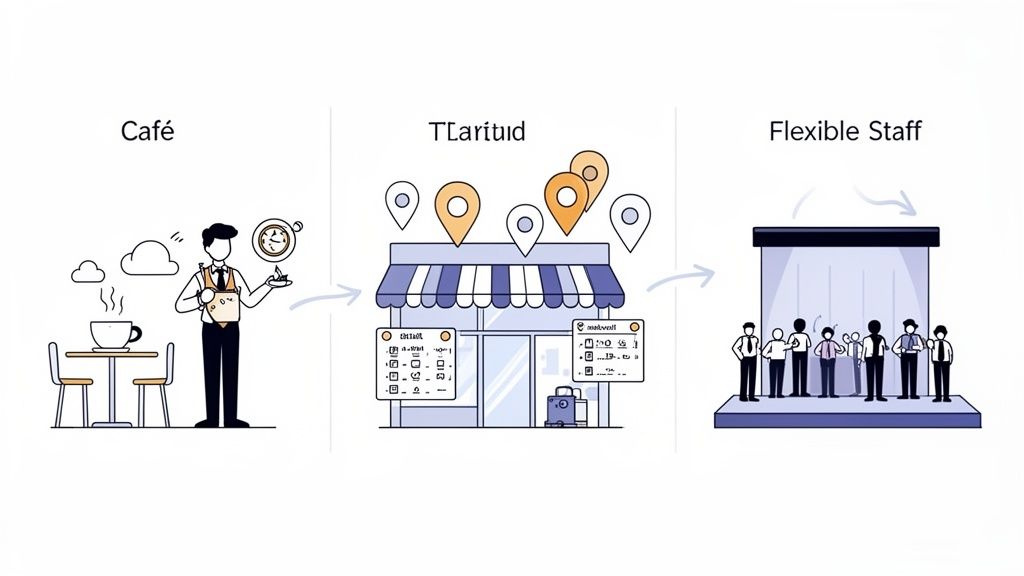 Illustratie van het beheer van flexibel horecapersoneel via een centraal platform voor diverse locaties.