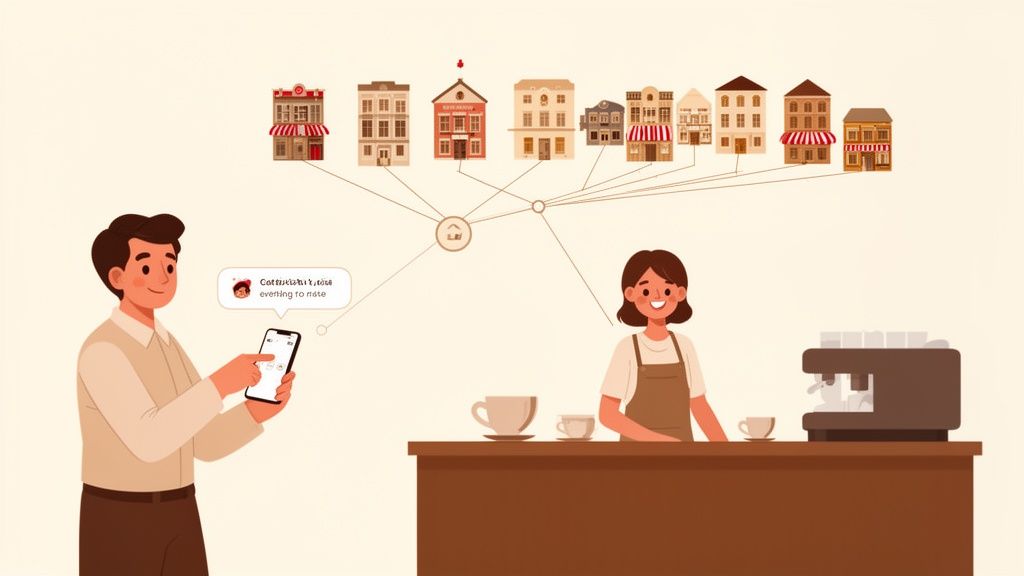 Een man met smartphone die verbonden is met een netwerk van gebouwen, terwijl een barista achter de bar staat.