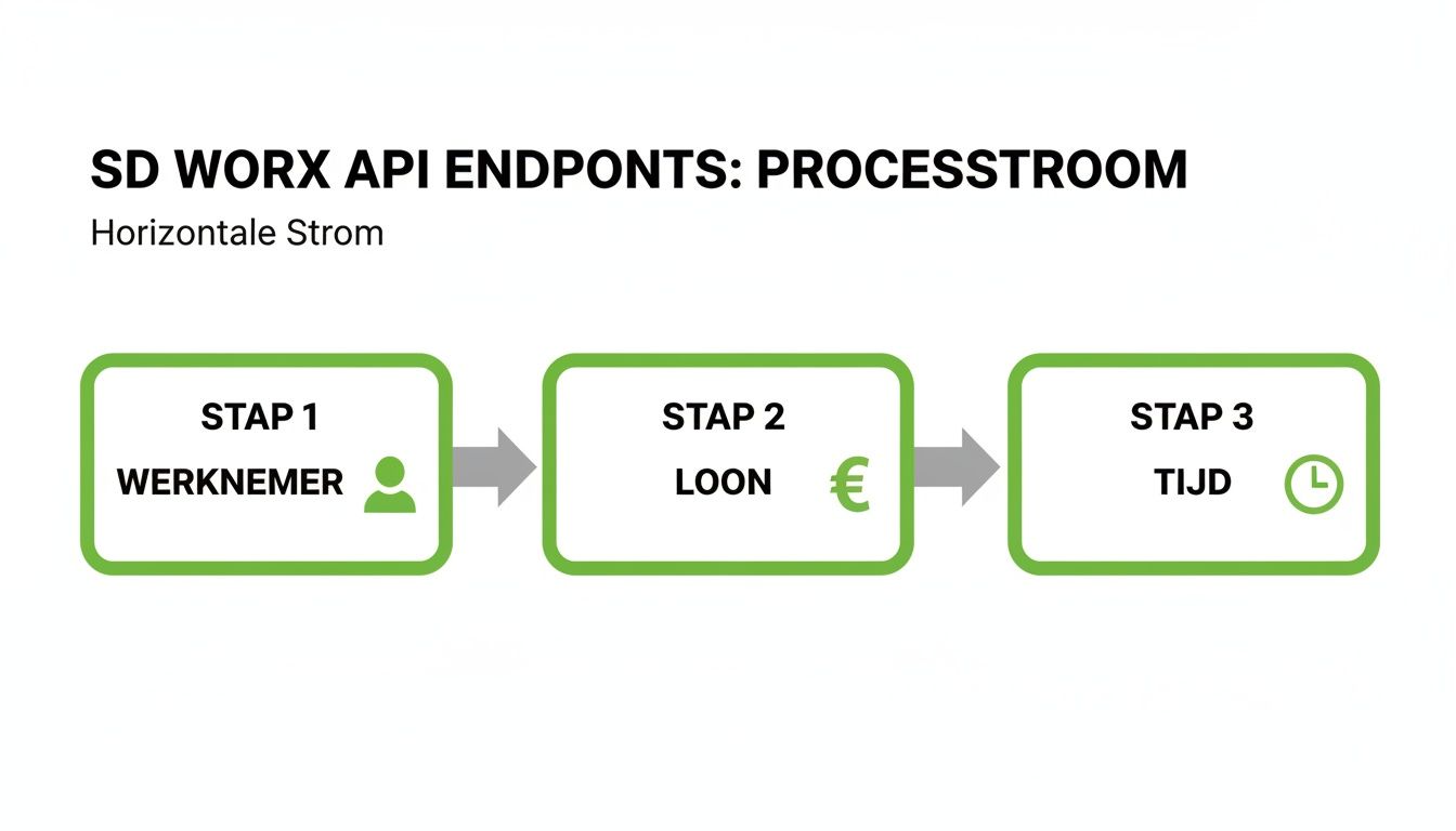 Processtroomdiagram van SD Worx API-endpoints met stappen voor werknemer, loon en tijd.