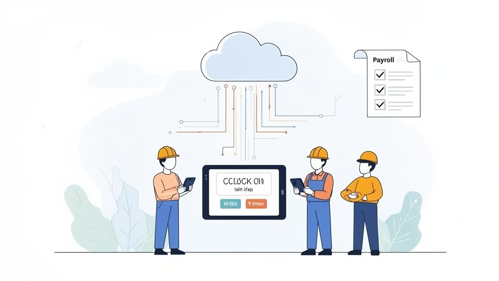 Drie bouwvakkers gebruiken mobiele apparaten voor digitale tijdregistratie, verbonden met een cloud en salarisadministratie.
