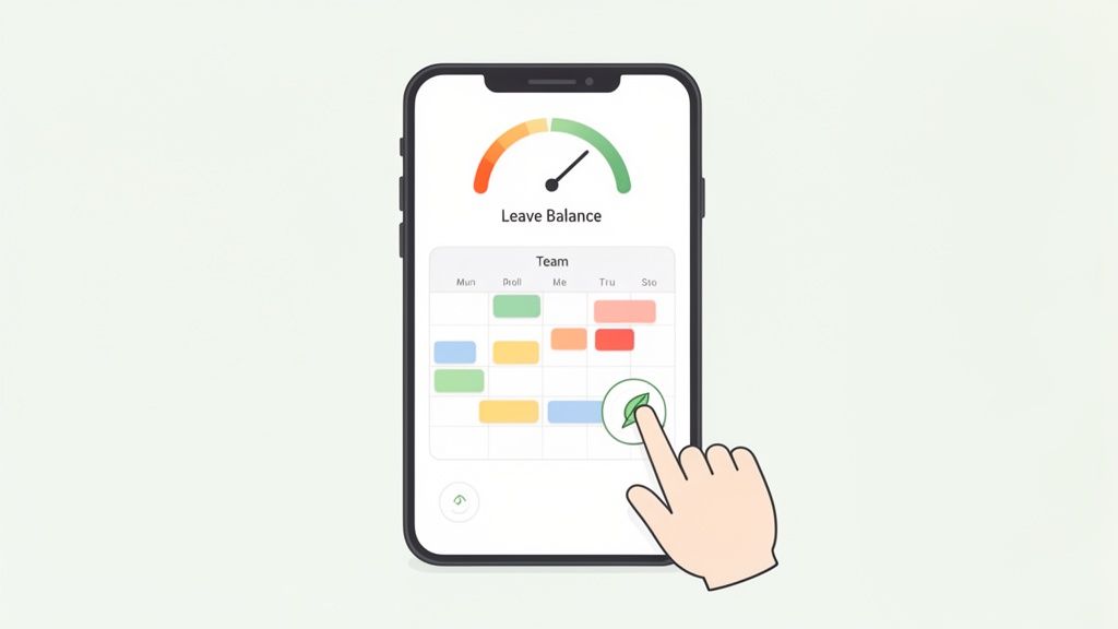 Een hand tikt op een bladpictogram in een app voor verlofbeheer op een smartphone, met een verlofbalans en teamkalender.