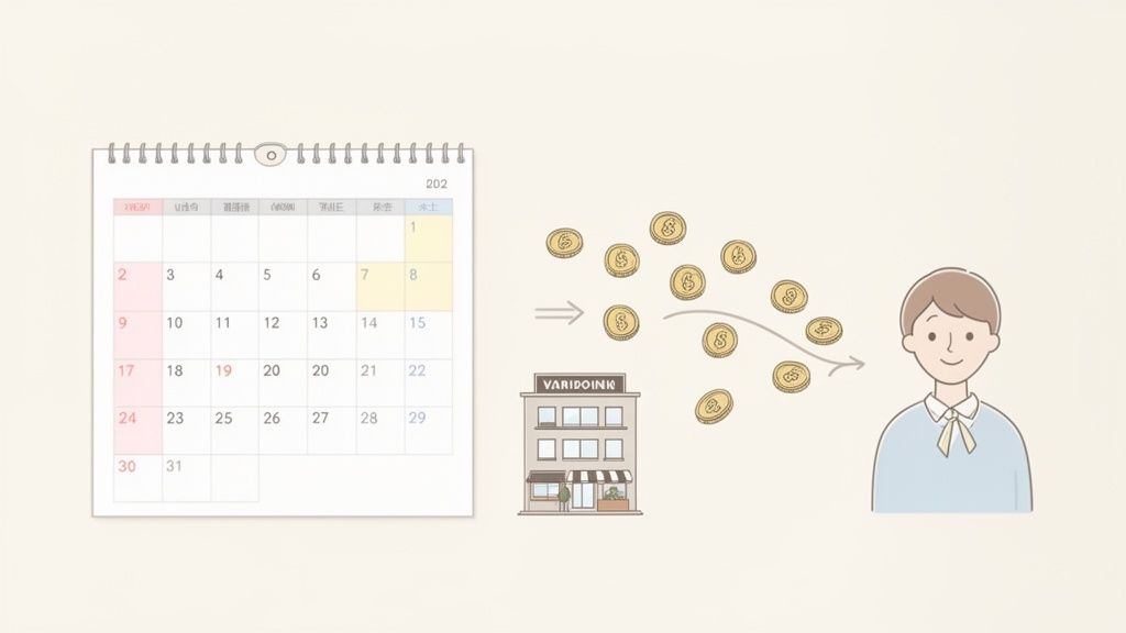 Een kalender, gebouw genaamd 'VARIDOINK' en munten die van het gebouw naar een glimlachende persoon stromen.