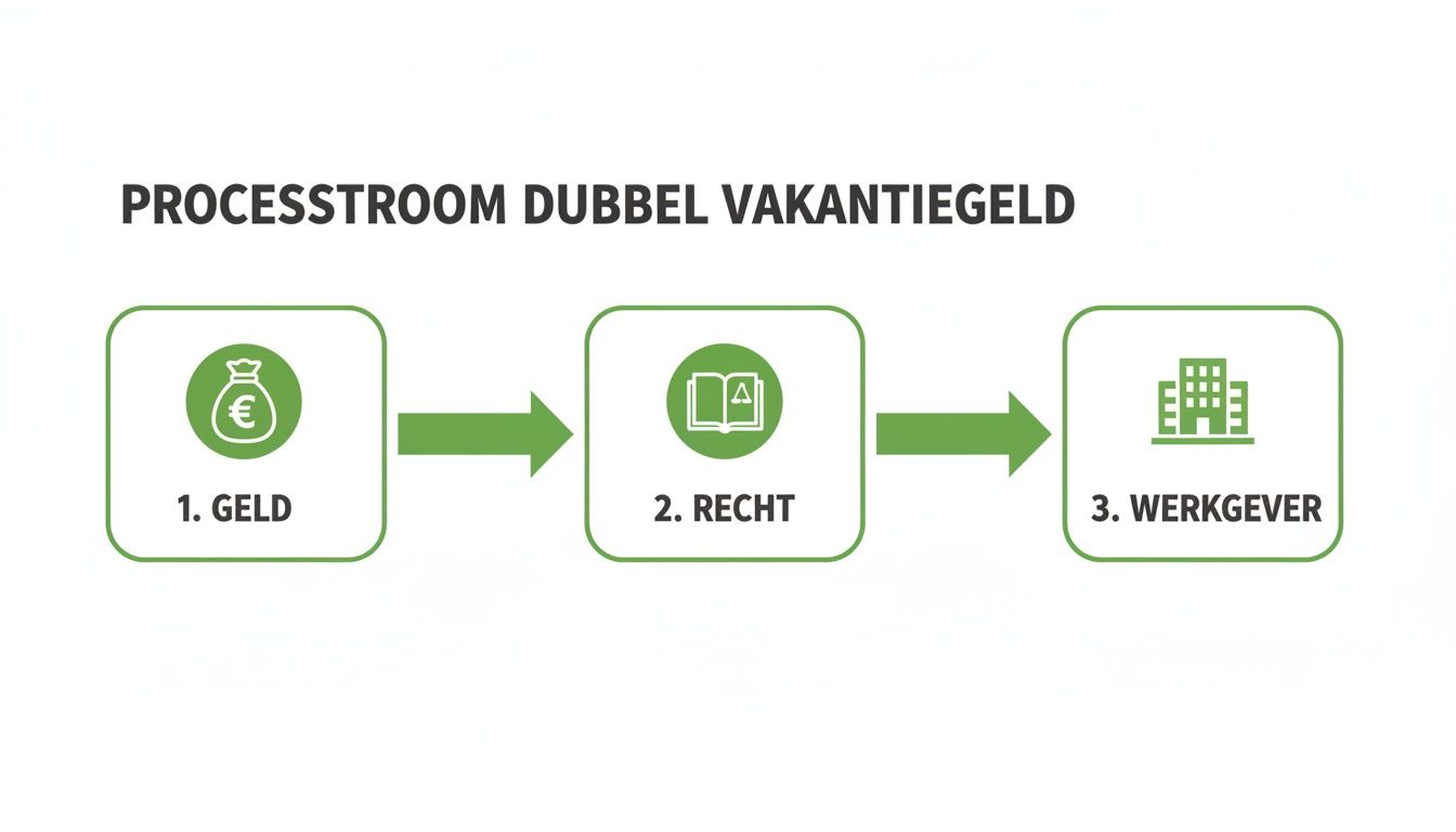 Processtroom voor dubbel vakantiegeld met stappen geld, recht en werkgever weergegeven met duidelijke iconen.