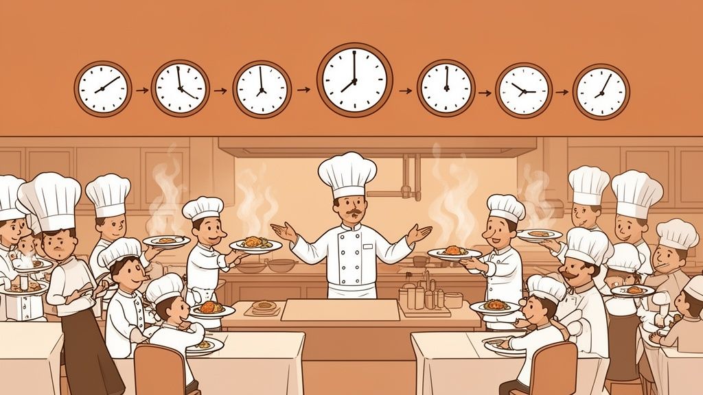 Een tekening van een keuken vol koks die eten bereiden onder een rij klokken die de tijd tonen.