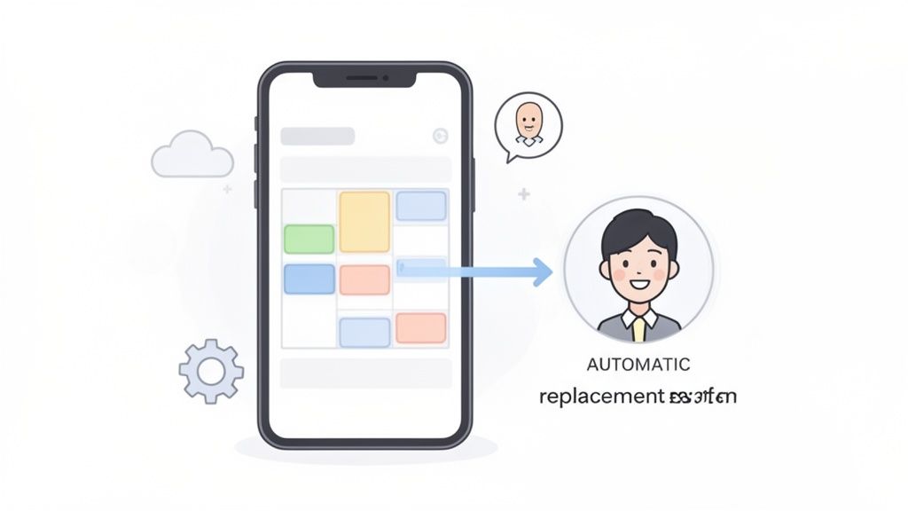 Een smartphone-app demonstreert een automatisch vervangingssysteem met gekleurde blokken en een persoonspictogram.
