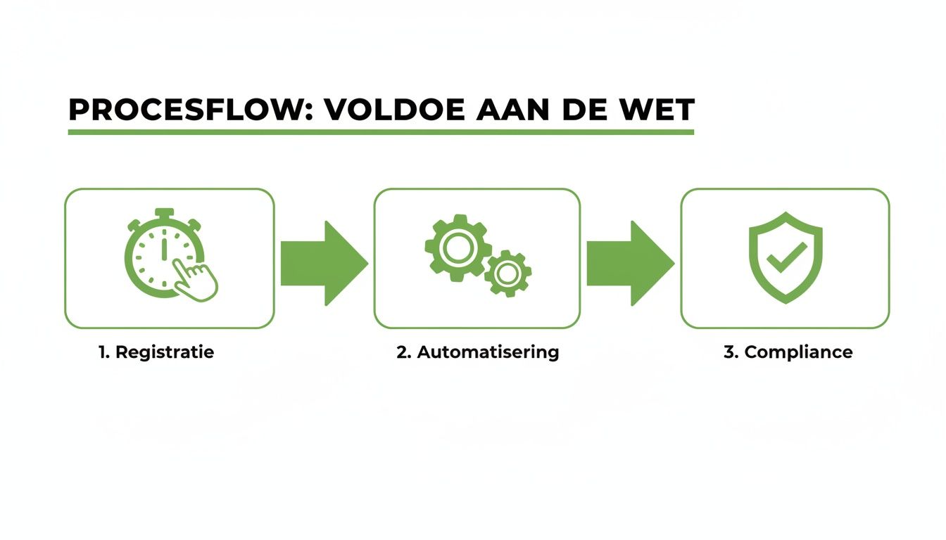 Een procesflow die de stappen van registratie, automatisering en compliance toont om aan de wet te voldoen.