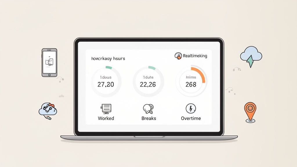 Een laptop scherm toont een dashboard met statistieken voor gewerkte uren, pauzes en overuren, omringd door kleine illustraties.