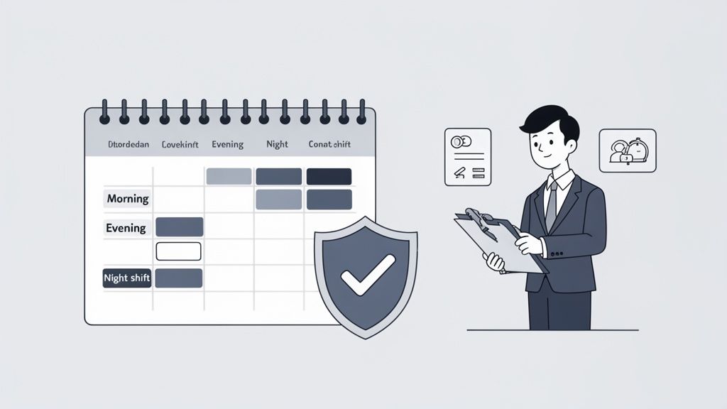 Illustratie van een werkrooster met ingevulde diensten, een veiligheidsschild en een man die een clipboard vasthoudt.