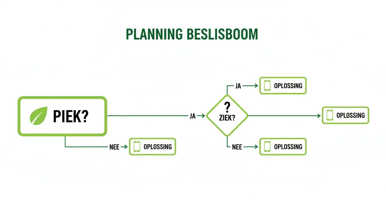 Stroomdiagram: Beslisboom voor planning. Start met 'Piek?', leidt naar 'Ziek?' en eindigt bij 'Oplossing'.