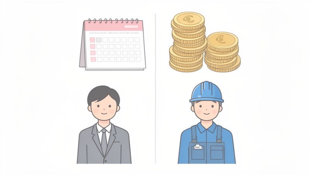 Afbeelding van een kalender, euromunten, een zakenman en een bouwvakker, symbolisch voor werk en beloning.