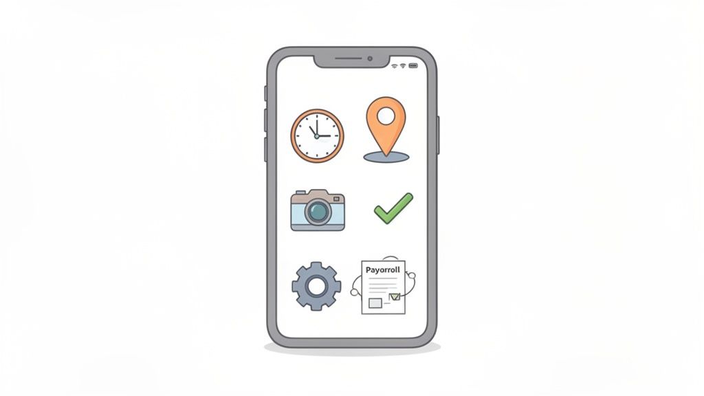 Een smartphone toont pictogrammen voor tijd, locatie, camera, voltooiing, instellingen en een salarisadministratie document.