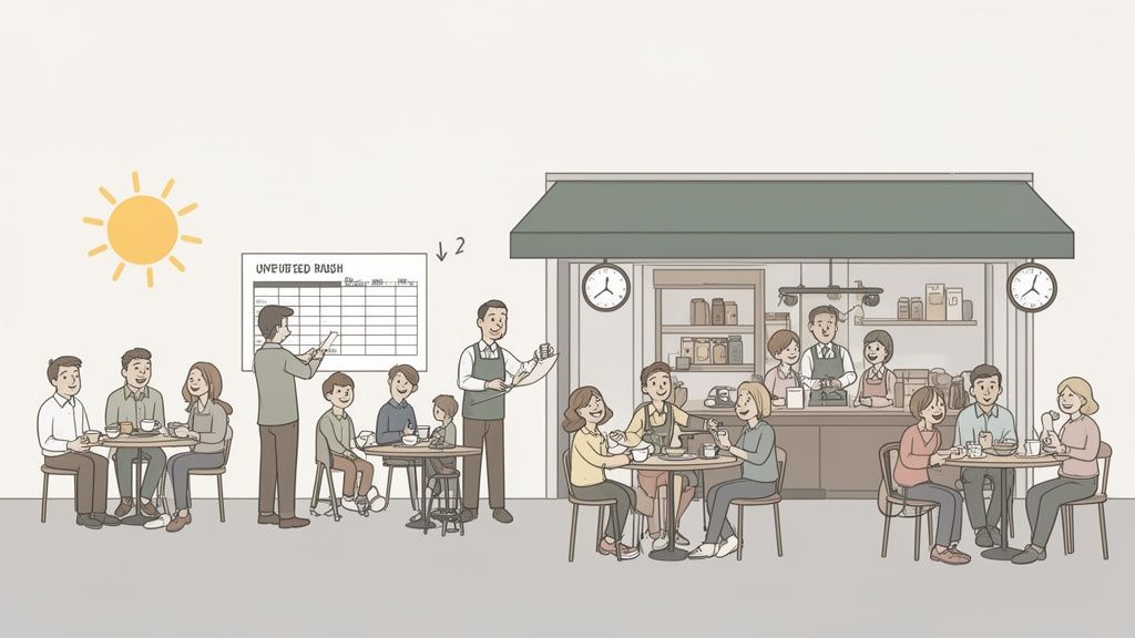 Een levendige scène van mensen die ontspannen en werken in een café op een zonnige dag.