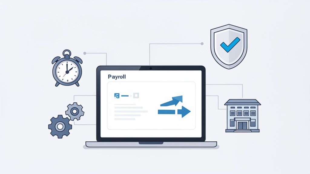 Illustratie van een laptopscherm met 'Payroll' en bijbehorende processen zoals tijdregistratie, automatisering en beveiliging.